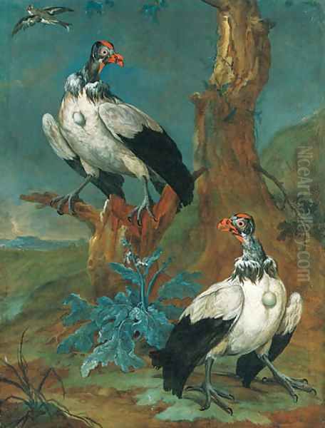 Two vultures by a tree in an extensive landscape, and another bird in flight Oil Painting by Ferdinand Phillip de Hamilton