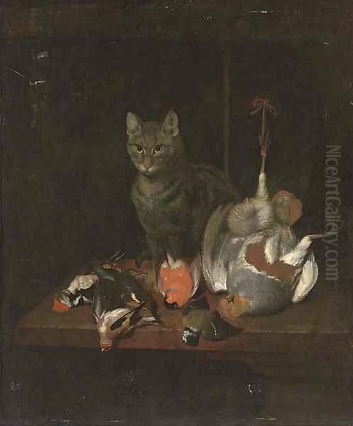 A cat seated on a wooden table with dead birds Oil Painting by Ferdinand Phillip de Hamilton