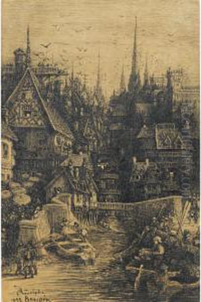 Vue D'une Ville Medievale Oil Painting by Rodolphe Bresdin