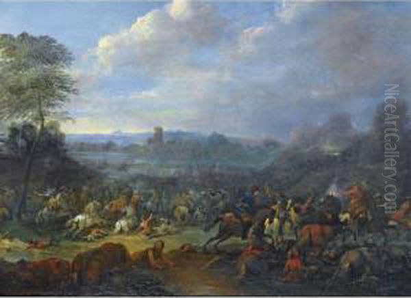 A Cavalry Skirmish Oil Painting by Karel Van Breydel (Le Chevalier)