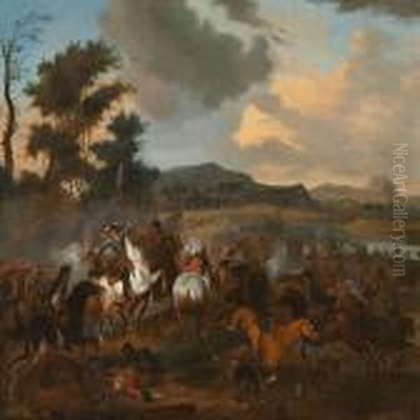 Hilly Landscape With A Battle Scene Oil Painting by Karel Van Breydel (Le Chevalier)