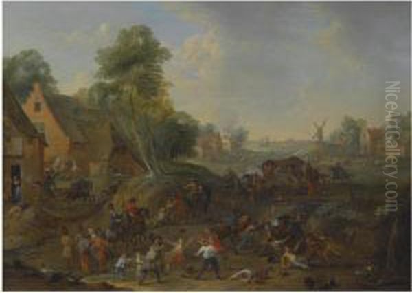 A Landscape With A Cavalry Skirmish And A Village Underattack Oil Painting by Karel Van Breydel (Le Chevalier)