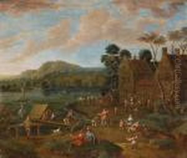 An Extensive River Landscape 
With Figuresdancing And Playing Music Before A Village; And A River 
Landscapewith Figures Departing In A Ferry And Others Dancing Before 
Aninn Oil Painting by Karel Van Breydel (Le Chevalier)