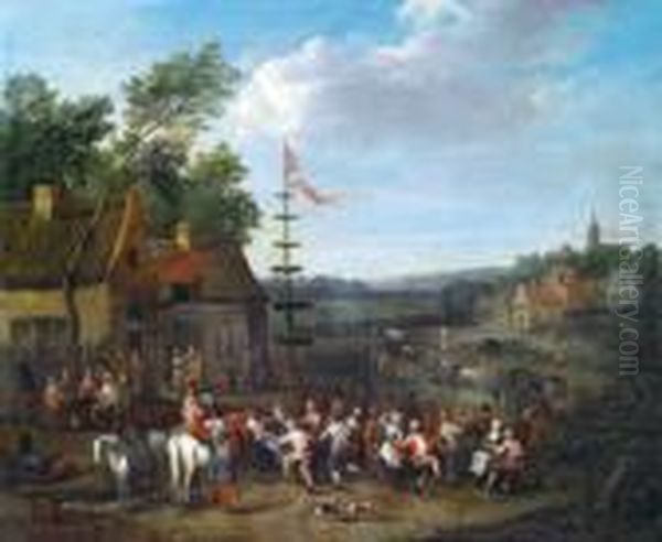 Una Sagra Con Gli Abitanti Del Villaggio Che Ballano Attorno Ad Unalbero Della Cuccagna Oil Painting by Karel Van Breydel (Le Chevalier)