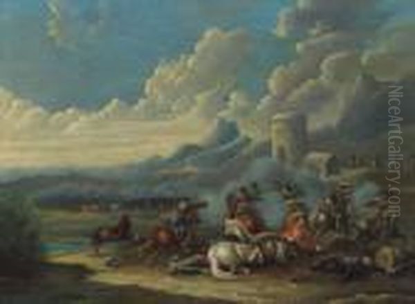 Reitergefecht In Einer Gebirgigen Landschaft Oil Painting by Karel Van Breydel (Le Chevalier)