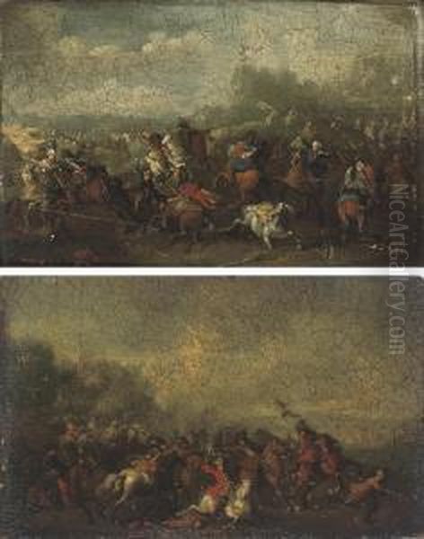 A Cavalry Skirmish; And A Cavalry Skirmish Oil Painting by Karel Van Breydel (Le Chevalier)