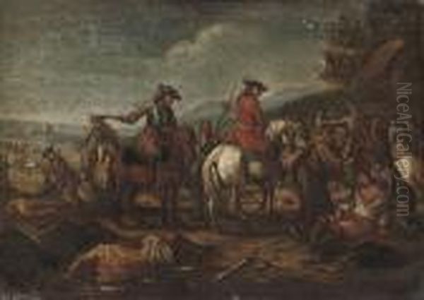 A Battle Field With Cavalrymen Giving Orders To Troops, Monks Tending To The Wounded Oil Painting by Karel Van Breydel (Le Chevalier)