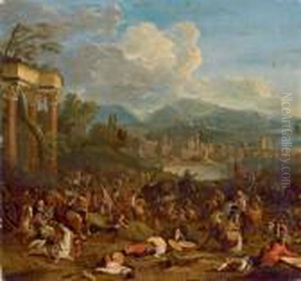 Battaglia Di Cavalieri In Un Paesaggio Fluviale Di Fronte Ad Antiche Rovine Oil Painting by Karel Van Breydel (Le Chevalier)