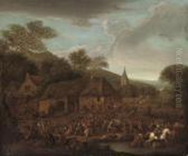 A Wooded Landscape With A Cavalry Skirmish And A Village Under Attack Oil Painting by Karel Van Breydel (Le Chevalier)