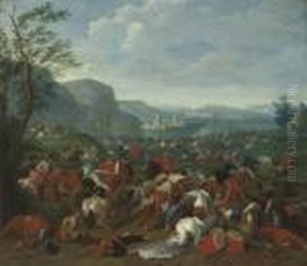 A Wooded Landscape With A Cavalry Battle And A Village Under Siege, A Fort Beyond Oil Painting by Karel Van Breydel (Le Chevalier)