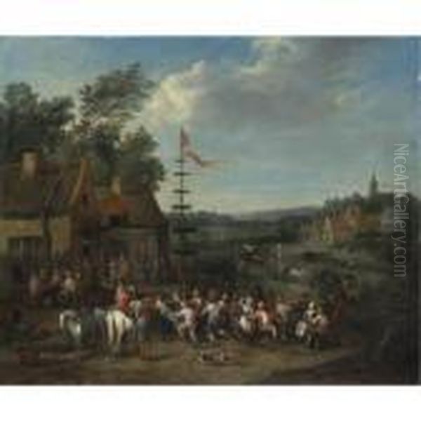 A Village Fair With Figures Dancing Around A Maypole Oil Painting by Karel Van Breydel (Le Chevalier)