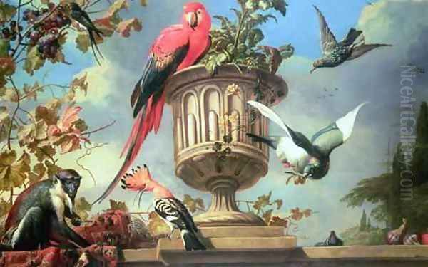 Scarlet Macaw perched on an urn with other birds and a monkey eating grapes Oil Painting by Melchior de Hondecoeter