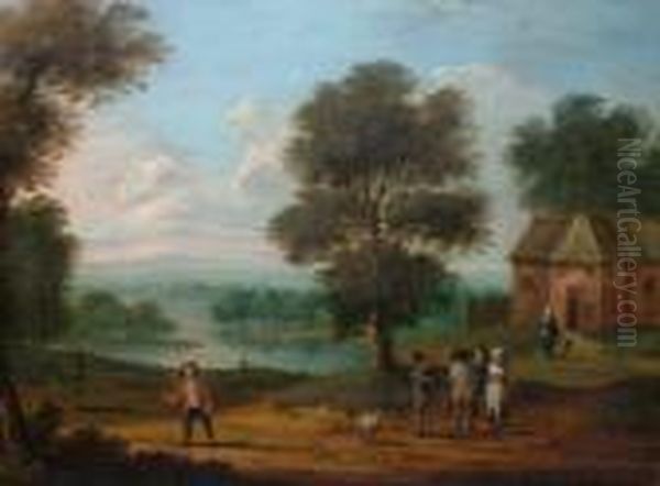 Figures By A Cottage With Woodland And A River Landscape Beyond Oil Painting by Karel Van Breydel (Le Chevalier)