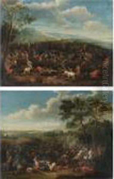 A Cavalry Battle In An Extensive
 Landscape With A Coastal Fort Beyond And A Hilltop Town In The 
Distance; A Cavalry Battle In An Extensive Landscape With A City In The 
Distance Oil Painting by Karel Van Breydel (Le Chevalier)