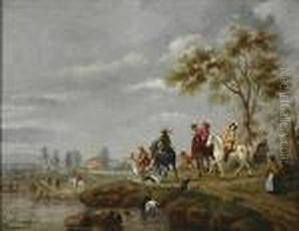 Riding Along The Riverbank Oil Painting by Karel Van Breydel (Le Chevalier)