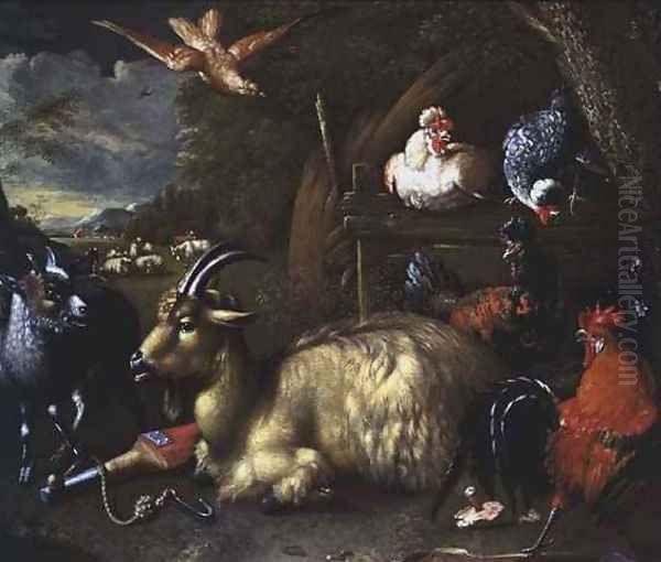 Goat with Other Animals and Birds in a Landscape Oil Painting by Melchior de Hondecoeter