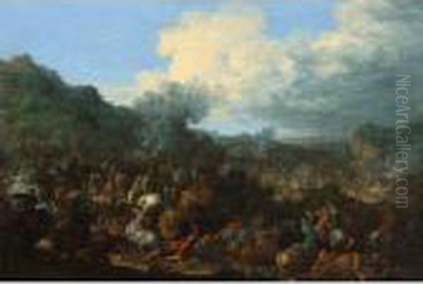 A Cavalry Skirmish With A Battle Beyond Oil Painting by Karel Van Breydel (Le Chevalier)