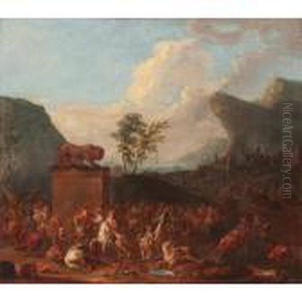 A Cavalry Battle Before A Mediterranean Port Oil Painting by Karel Van Breydel (Le Chevalier)