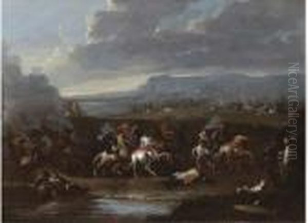 A Cavalry Skirmish Oil Painting by Karel Van Breydel (Le Chevalier)