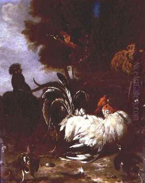 Cockerel and other poultry in wooded landscape Oil Painting by Melchior de Hondecoeter