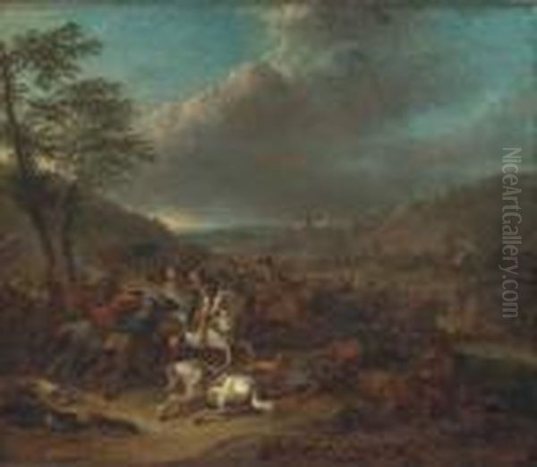 A Cavalry Battle Between Christians And Turks Oil Painting by Karel Van Breydel (Le Chevalier)