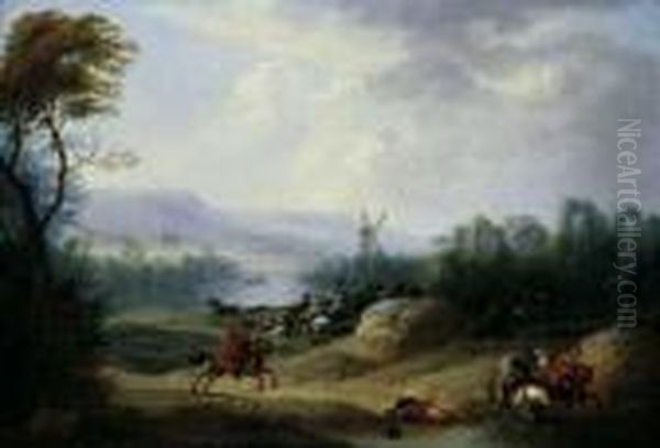 Reitergefecht Vor Weiter 
Landschaft Mit Einer Windmuhle. Ol Auf Leinwand (doubliert). H 32; B 46 
Cm. Der Schlachtenmaler Breydel, Schuler Von P. Ykens Und P. Rysbraeck, 
War Seit 1704 Mitglied Der St. Lukas-gilde In Antwerpen. Er War Ein 
Produktive Oil Painting by Karel Van Breydel (Le Chevalier)