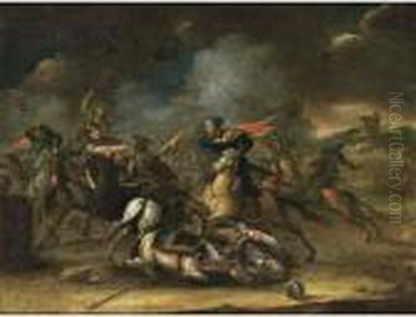 A Cavalry Battle Scene Oil Painting by Karel Van Breydel (Le Chevalier)