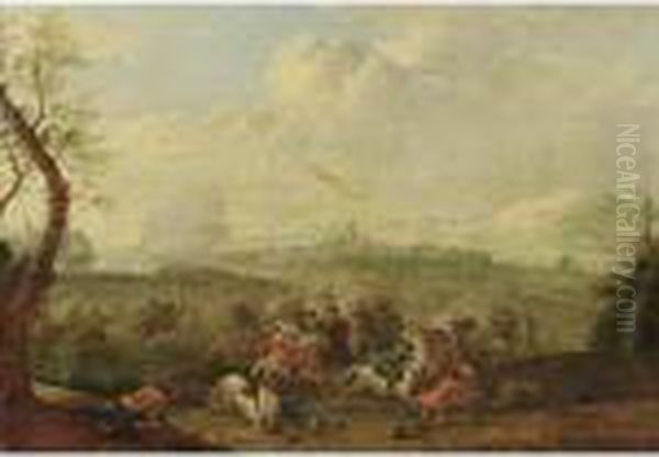 A Cavalry Battle Scene With A Village Beyond Oil Painting by Karel Van Breydel (Le Chevalier)