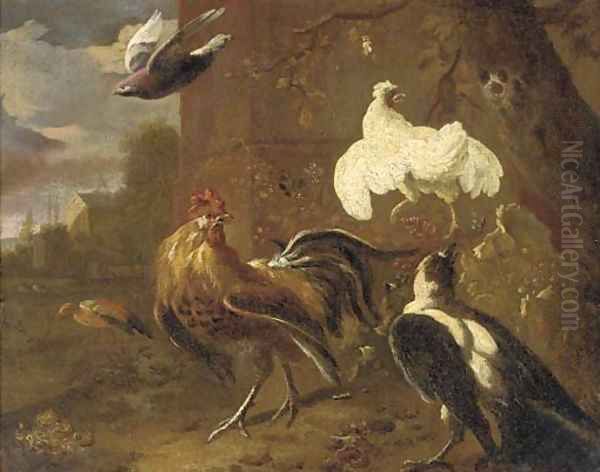 A cockerall, a chicken, a magpie and other birds by a farm building Oil Painting by Melchior de Hondecoeter