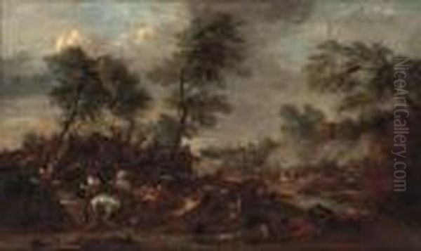 A Cavalry Skirmish Oil Painting by Karel Van Breydel (Le Chevalier)