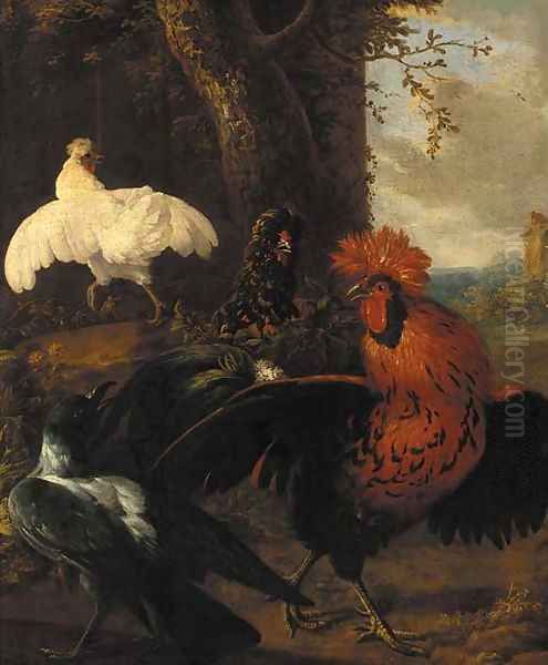 A cockerel, a raven and chickens in a clearing Oil Painting by Melchior de Hondecoeter