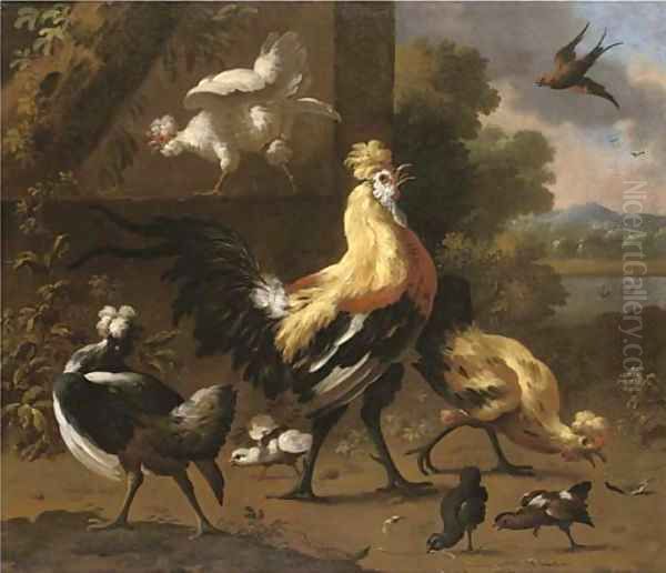 A cockerel and hens in a river landscape Oil Painting by Melchior de Hondecoeter