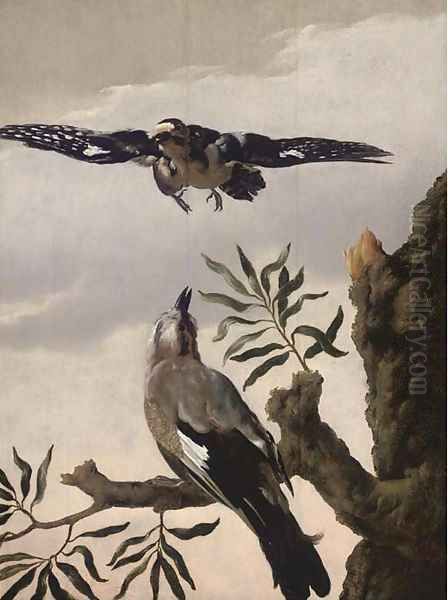 A jay perched on a tree stump and a lapwing flying above Oil Painting by Melchior de Hondecoeter