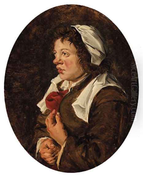 A young peasant woman, half-length, in a brown dress and a white cap Oil Painting by Jan or Johannes Hals