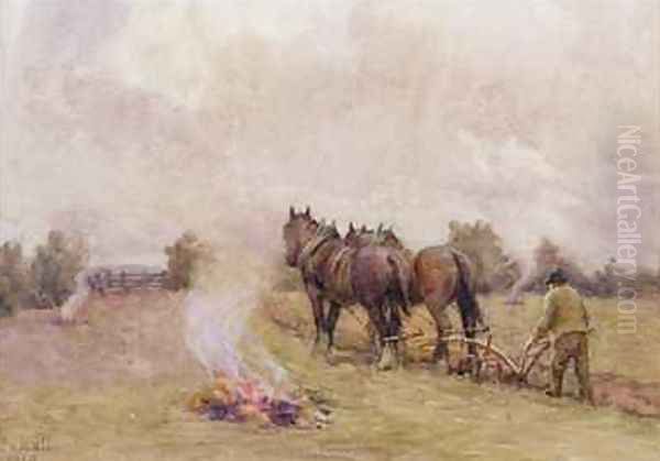 Ploughing Scene with Fires in a Field Oil Painting by Jessie Hall