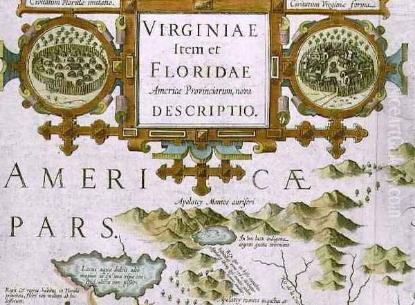 Title cartouche and insets detail of the map of North Carolina titled Virginiae item et Floridae from the Mercator Atlas Oil Painting by Jodocus Hondius