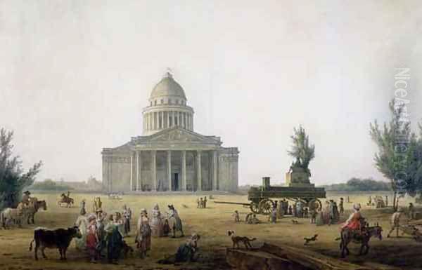 View of the Pantheon in Paris with a carriage bearing a statue of Jean Jacques Rousseau Oil Painting by Jean-Baptiste Hilaire