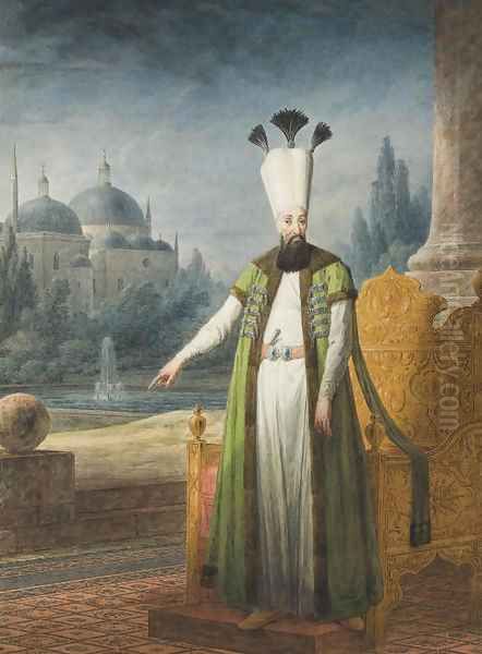 Portrait of Sultan Abd-ul Hamid I standing in front of a golden throne, a domed palace in the distance Oil Painting by Jean-Baptiste Hilaire