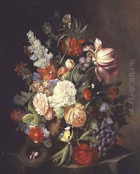 A Still life of Mixed Summer Flowers in an Urn Oil Painting by Josef Holstayn