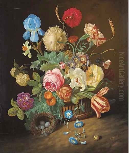 Irises, roses, tulips, peonies, poppies, marigolds in a basket and a bird's nest Oil Painting by Josef Holstayn