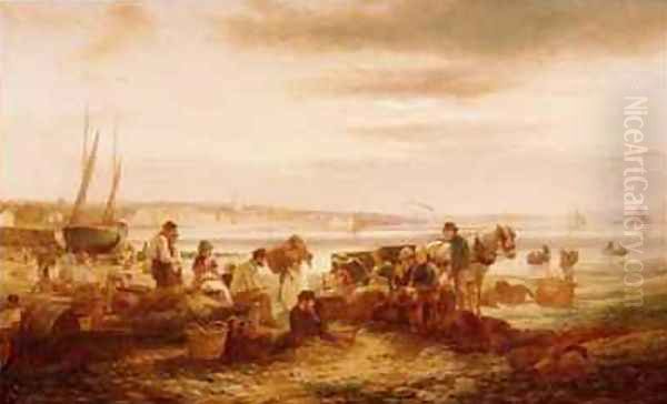 Fisherfolk on the Beach before Penzance St Michaels Mount in the Distance Oil Painting by C.H. Hart