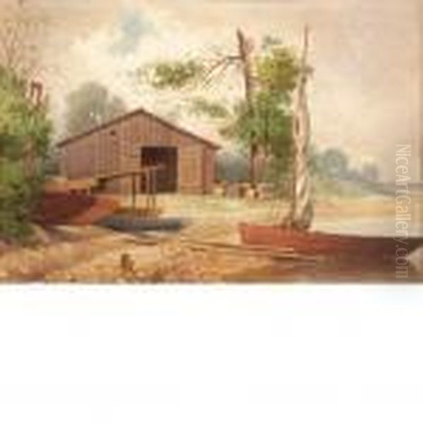 Shed With Beached Boats Along A Rocky Shore Oil Painting by Alfred Thompson Bricher