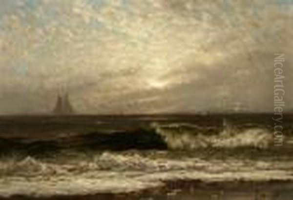 Coastal View With Distant Sailboats Under An Atmospheric Sky Oil Painting by Alfred Thompson Bricher