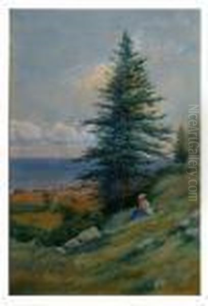 Woman Seated On Grassy Slopes, Cape Porpoise, Maine Oil Painting by Alfred Thompson Bricher