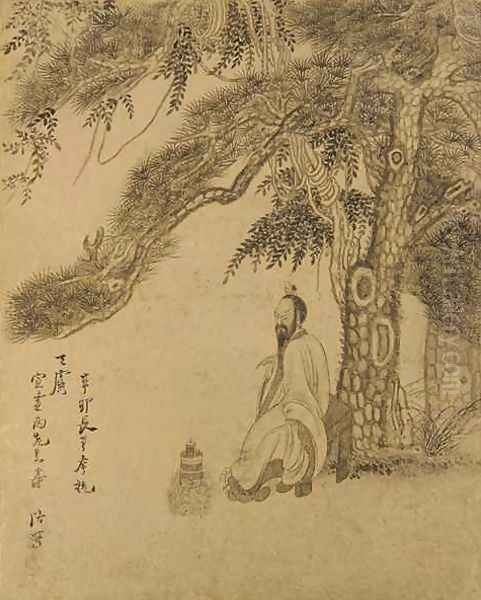 Preparing the Elixir beneath a Pine Qing dynasy Oil Painting by Chen Hongshou