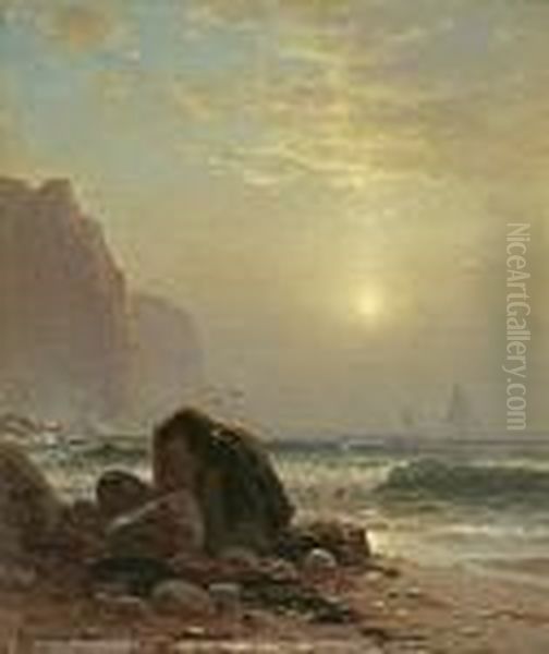 Rocky Coastal Scene With A View Of Passing Ships Oil Painting by Alfred Thompson Bricher