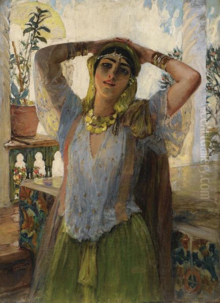 Jeune Orientale Sur Une Terrasse Oil Painting by Frederick Arthur Bridgman