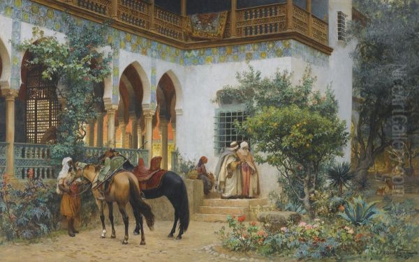 A North African Courtyard Oil Painting by Frederick Arthur Bridgman