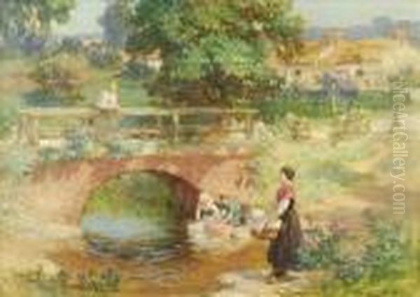 Washing Laundry In A Village Stream Oil Painting by Frederick Arthur Bridgman