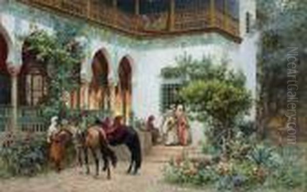 A North African Courtyard Oil Painting by Frederick Arthur Bridgman